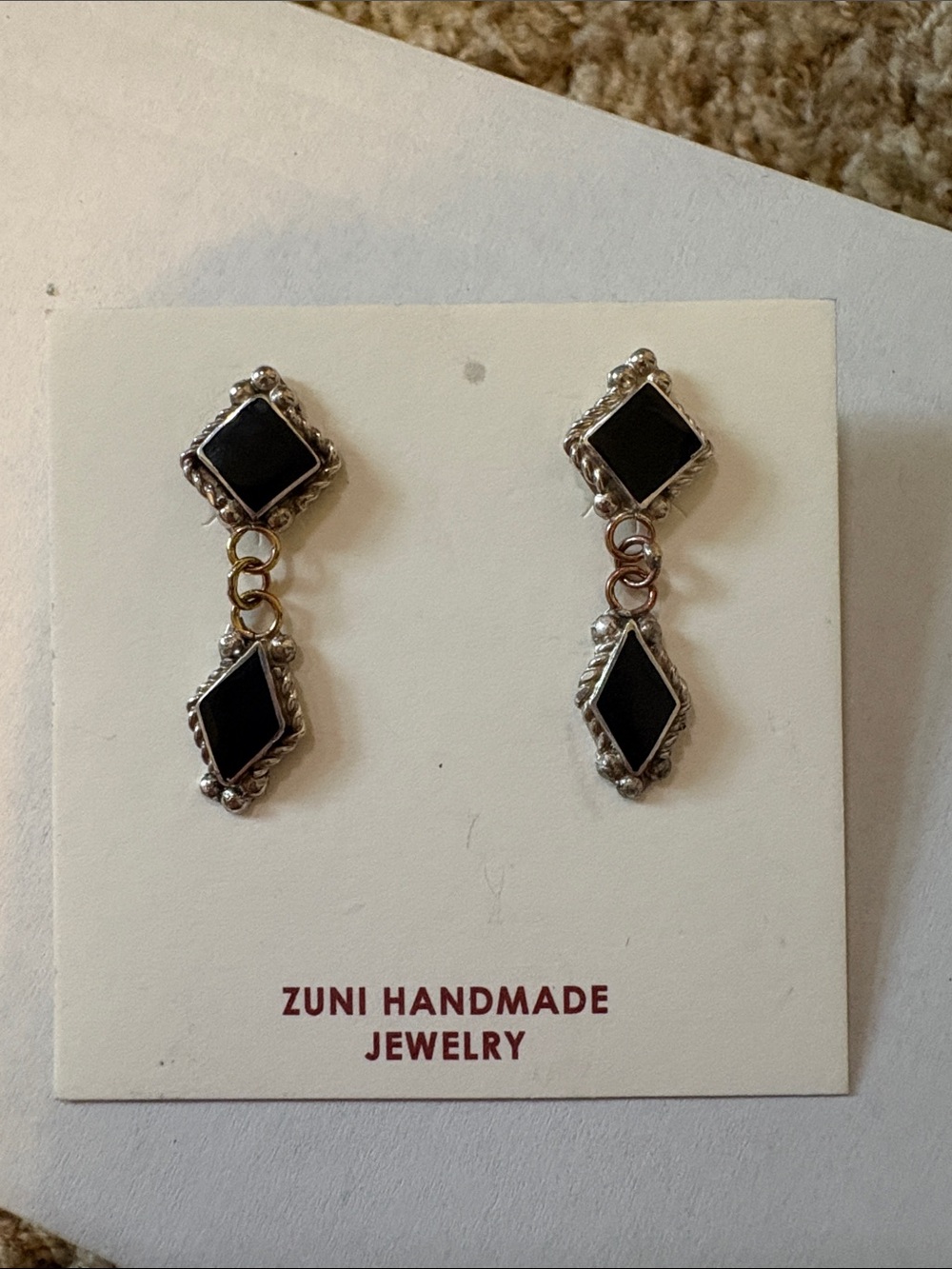 Raquel Boogua Zuni Handmade Black Onyx Sterling Silver Dangle Drop Earrings NWT